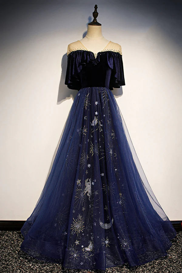 Blue Velvet Tulle Long Prom Dress A-Line Blue Evening Party Dress